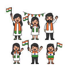 Vector art of happy indian family and children celebrating independence day with indian flags, isolated on white background