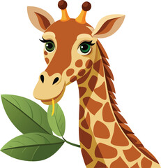 Obraz premium Adorable Cartoon Giraffe Eating Leaves, Perfect for Children's Book Illustrations or Cute Animal Designs