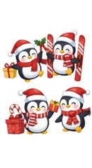 Fototapeta premium Cute penguins with santa hats and gifts isolated on white background