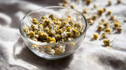 Close-up of Dried Chamomile Flowers in a Glass Bowl with Scattered Blooms dried flowers herbal tea
