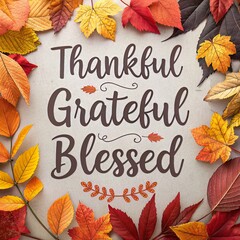 Thankful Grateful Blessed Autumn Quote with Fall Leaves