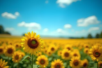 Fototapeta premium Vibrant sunflower field under clear blue sky inspires feelings of joy and summer warmth, perfect for branding