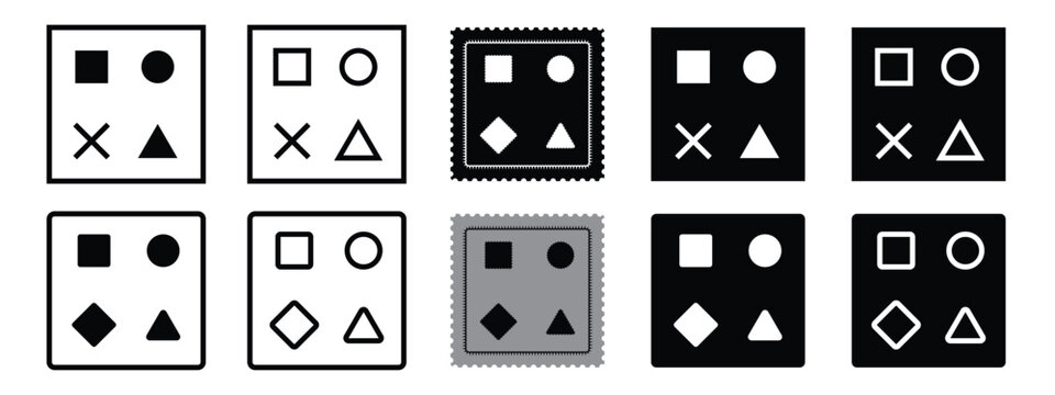 Set of geometric shapes in various configurations.