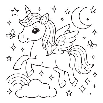 Adorable winged unicorn coloring page; whimsical, magical, nighttime scene with rainbow, stars, and moon.