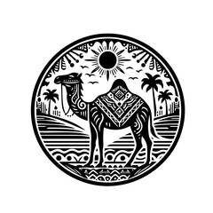 Stylized Camel in Desert Landscape Emblem.