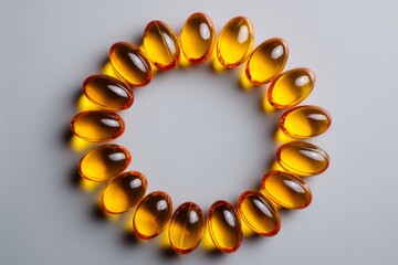 Obraz premium Circular arrangement of yellow capsules on a smooth surface showcasing vitamin supplements