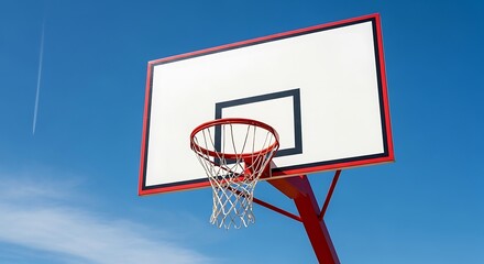 Basketball Hoop Against Blue Sky – Red Rim, White Net, and Contrail on Rectangular Backboard