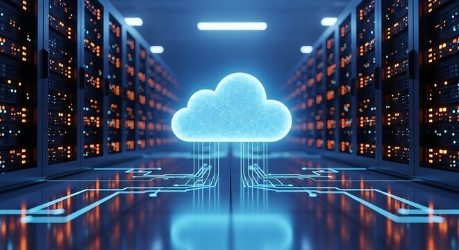Glowing blue cloud symbol connected to circuit board lines in a server room cloud computing data center