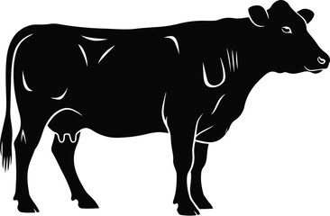 Black and White Illustration of a Grazing Cow with Horns