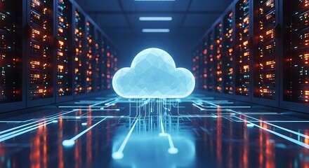 Glowing blue geometric cloud symbol connected by circuits in a server room with orange lights cloud computing