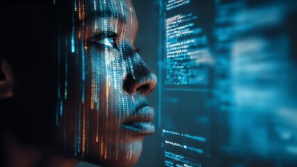 African American IT expert - Close-up of a woman's face with digital data overlay, analyzing complex information on a futuristic screen, emphasizing technology, AI, and data visualization concepts - Powered by Adobe