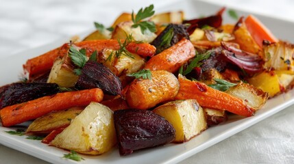  Colorful roasted veggies from above, earthy tones enhanced by white elegant background.