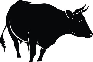 Black and White Illustration of a Grazing Cow with Horns