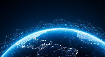 Glowing Earth with Blue Digital Network Overlay Against Dark Blue Background globe planet