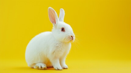 White rabbit sitting on yellow background, soft fur texture, clean modern composition