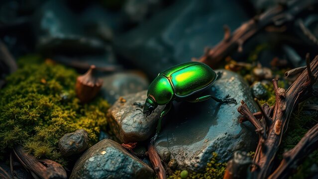 A shiny green beetle climbing over moss-covered stones and forest detritus. Generative AI