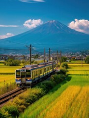 Train traveling past rice fields in Japan, Fuji view