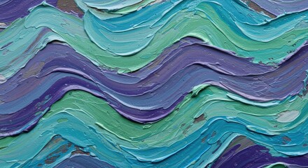Obraz premium Vibrant blue green and purple undulating brushstrokes create a serene abstract textured painting perfect for a modern artistic background