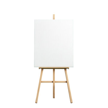 Vibrant photo of wooden easel with blank canvas isolated on transparent background.