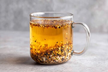 Richly infused herbal tea with vibrant spices displayed in a clear glass mug on a textured surface