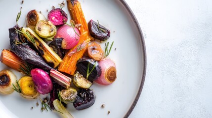  Colorful roasted veggies from above, earthy tones enhanced by white elegant background.
