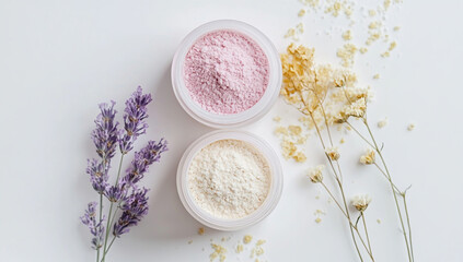 Three small jars decorated with pastel pink, lavender and white powder next to dried flowers.
