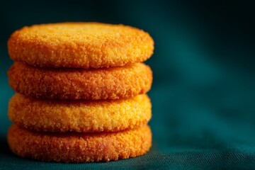Perfectly baked golden cookies stacked on a teal fabric background ready to be enjoyed at any time of day
