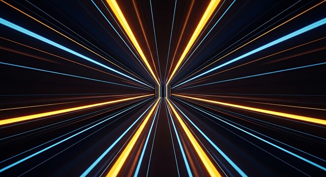 Futuristic Tunnel with Bright Blue and Yellow Light Streaks in Motion