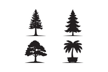 Four silhouettes of different types of trees on a white background