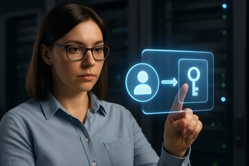 Businesswoman touches virtual access key in data center