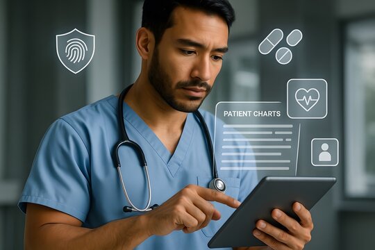 Hispanic doctor reviews digital patient charts on tablet