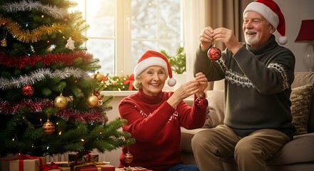 Senior couple decorating Christmas tree with ornaments, festive cheer and holiday spirit