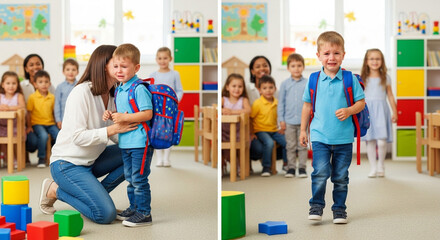 A crying boy with a backpack being comforted by a woman in a classroom with other children present