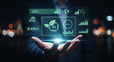 Person holding digital interface with E S G A I and data charts artificial intelligence technology