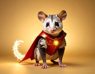 Superhero Opossum In Red Cape And Golden Armor