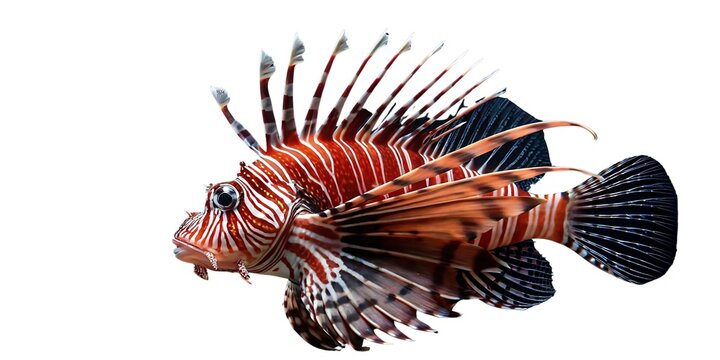 Studio macro of a lionfish with spiny fins flared outward, vibrant red and white stripes rendered with razor-sharp clarity, soft spotlight tracing each fin ray transparent white background.