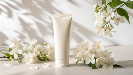 Bright Skincare Tube with Jasmine Flowers in Sunlight &ndash; Natural Facial Cream Scene