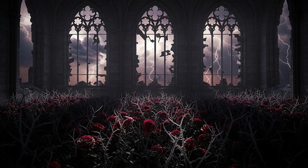 Abandoned cathedral interior with crumbling walls and desolate, dying flora