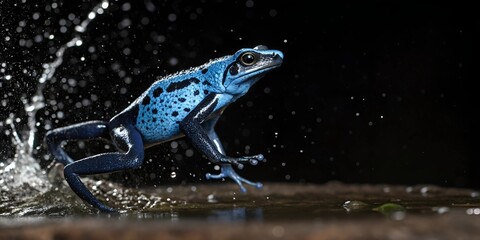  Full-body macro of a poison arrow frog mid-leap, limbs extended in slow-motion posture, vibrant blue and black skin glistening with moisture, frozen in motion with sharp focus.