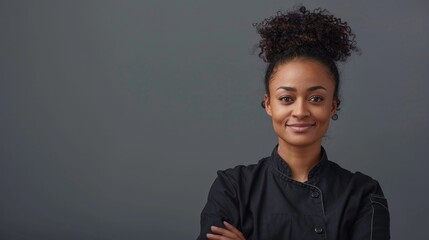 Obraz premium A young woman in a black chef's uniform with curly hair, standing against a gray background with her arms crossed.