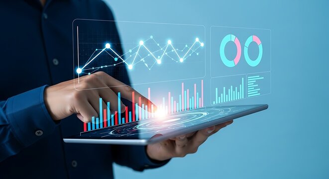 Person touching digital screen displaying financial charts and graphs data analysis digital interface - Powered by Adobe