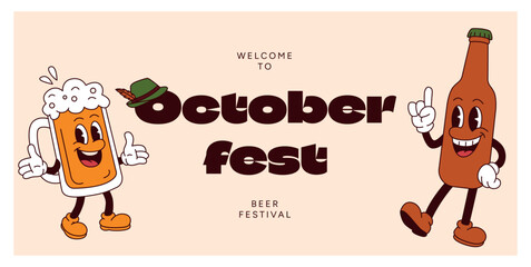 Cartoon Beer Mug and Bottle with Faces and Arms Dancing at Oktoberfest. Smiling Beverage Characters on Light Background. Fun Alcohol Festival Poster. Flat Vector Illustration Design