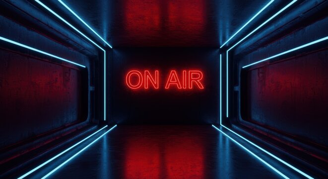 Illuminated on air sign with vibrant blue and red neon lights creating a modern futuristic and abstract background - Powered by Adobe