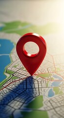 Red map pin marker on abstract city map with water and green areas location marker red pin