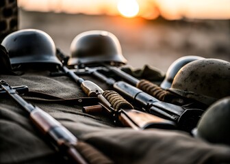 Fototapeta premium Vintage Military Helmets and Rifles at Sunset. War Memorabilia Display