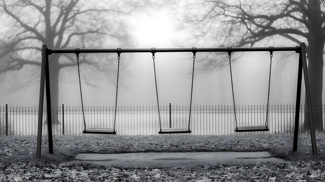 Black and white photograph of an empty swing set in a foggy park playground