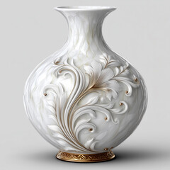 White vase with floral pattern adorned with white and golden floral embellishments, on white background.