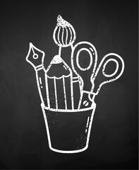 Vector illustration of a chalk-drawn cup with school supplies. Isolated object on blackboard background. © Sonya illustration