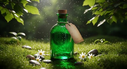 Rustic glass bottle with parchment label and wildflowers in natural forest setting