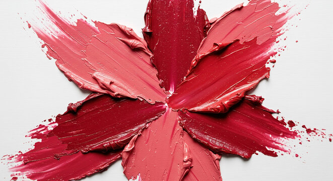 Showcasing glossy lipstick swatches arranged in an artistic flower pattern on a clean surface
